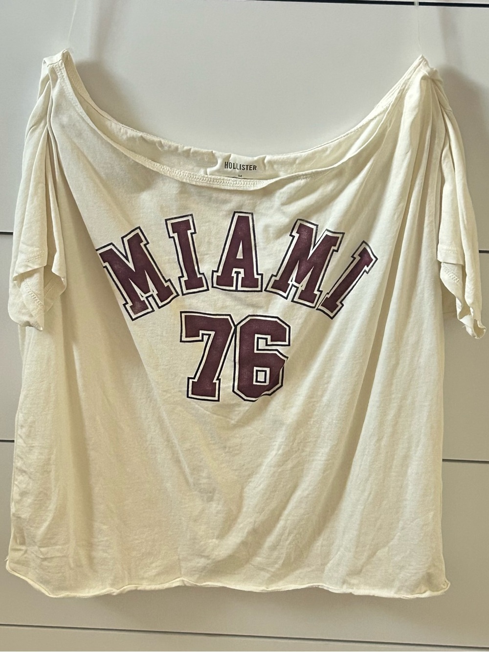 Hollister Cream Off-Shoulder 'Miami 76' Tee with Maroon Graphic